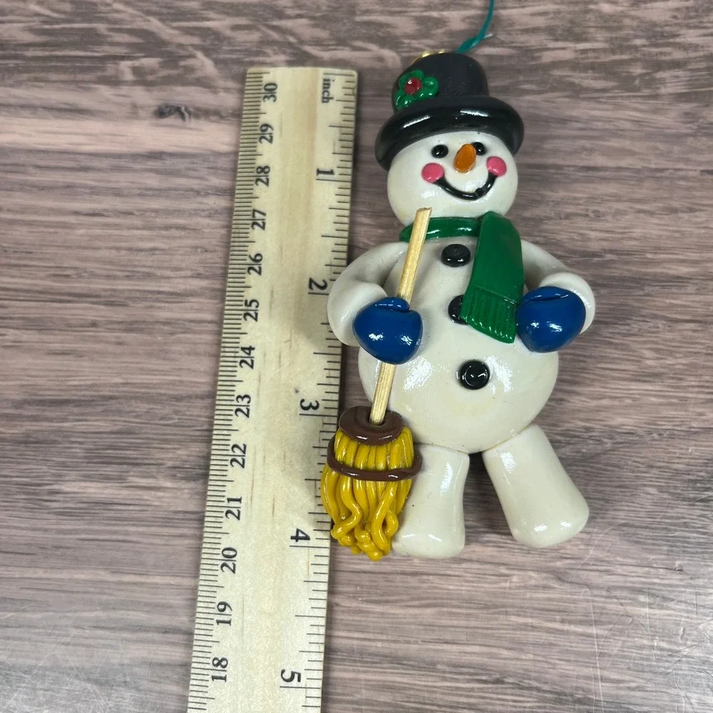 Snowman Ornament Christmas OS White Green Scarf Broom‎ Clay Whimsical
